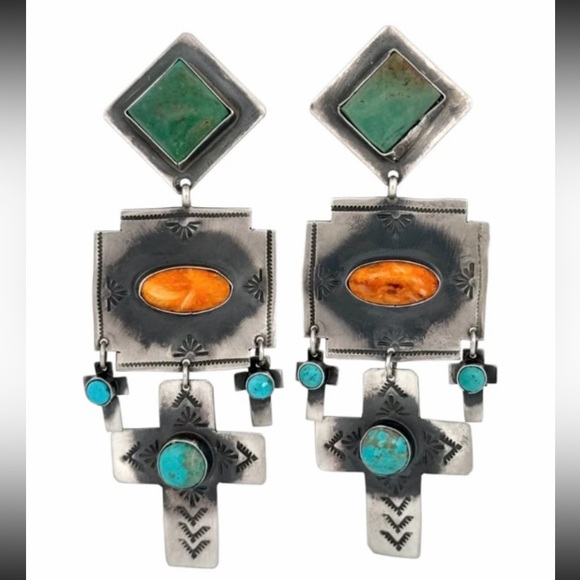 Navajo XL Rita Lee Turquoise & Spiny Cross Sterling Silver Earrings - Picture 2 of 4